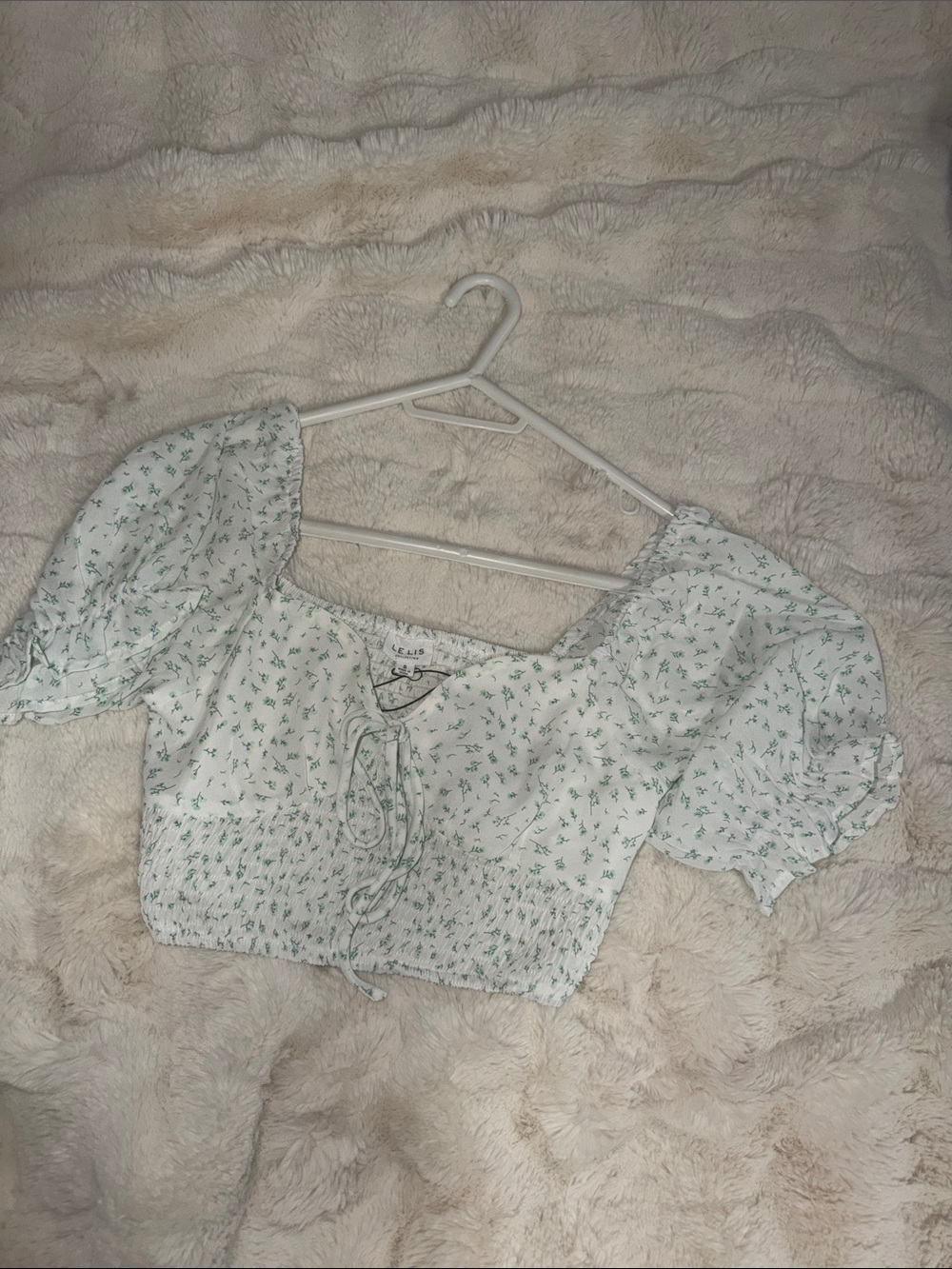 Smocked Floral Puff-Sleeve Crop Top - White with Green Print